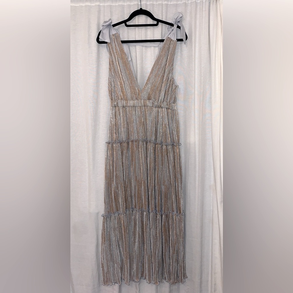 Dusty blue and gold formal dress